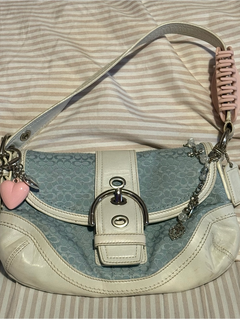 coach mini soho shoulder bag in blue and white